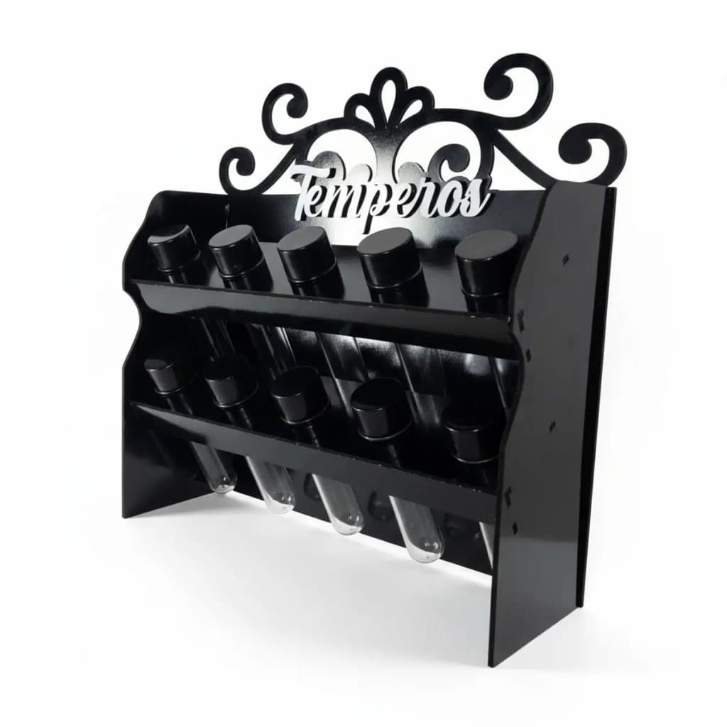 Porta Temperos de Parede MDF Preto Organizador de Temperos, Prateleira e Suporte para Condimentos com Tubetes