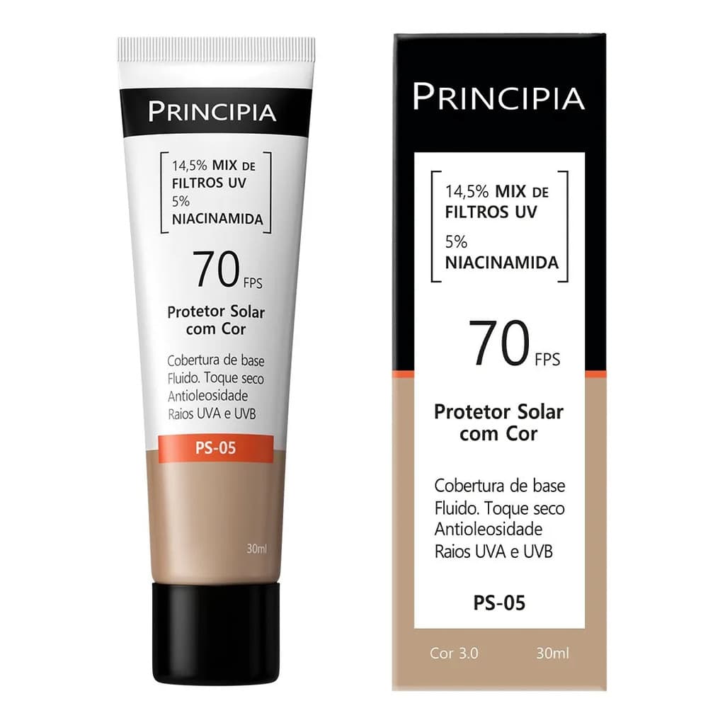 Protetor Solar Cor Natural Principia PS-05 Cor 3.0 FPS 70 30ml Niacinamida Uso Diário Cuidado Facial