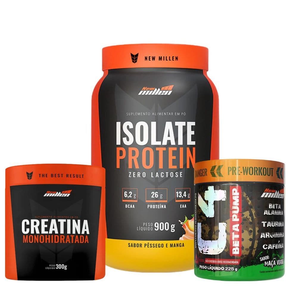 Whey Isolado 26g Proteína Isolate Protein New Millen + Creatina 100% Pura 300g + Pré Treino C4