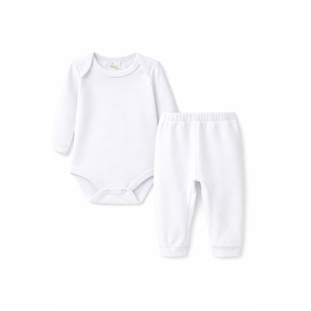 Kit Body Bebê Branco Manga Longa + Mijão Culote Aberto Suedine 100% Algodão Enxoval