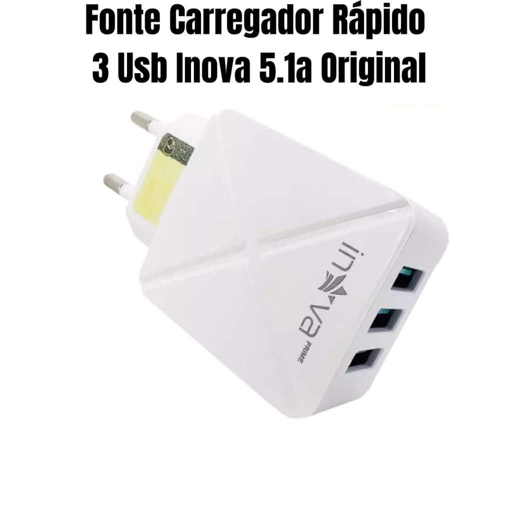 Carregador inova celular 3 entradas usb fonte tomada 5.1a turbo rápida