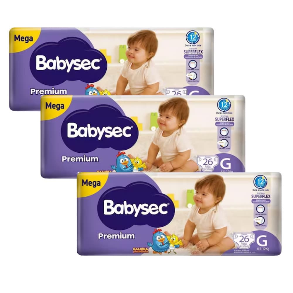 3x Fralda Infantil  BabySec Premium Galinha Pintadinha Mega G 26 Unidades – Conforto e Alta Absorção