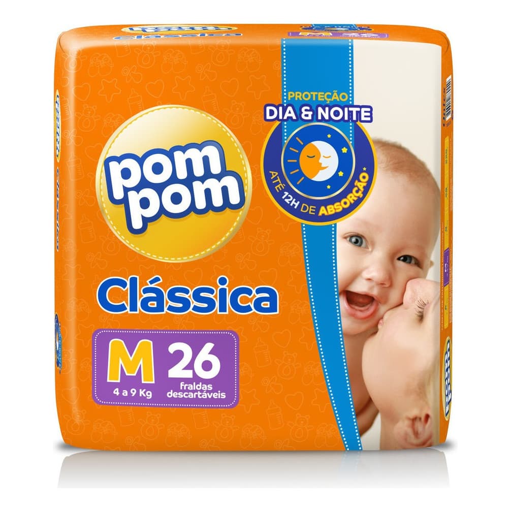 5 unidades - Fralda Descartável Infantil Pom Pom Clássica M Pacote 26 Unidades