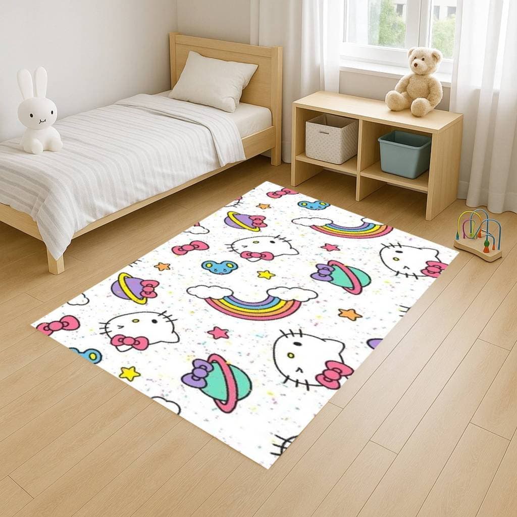 Tapete Retangular 100x140 Antiderrapante Hello Cat Gatinha Criança Familia Infantil Desenho Decoração Quarto Sala
