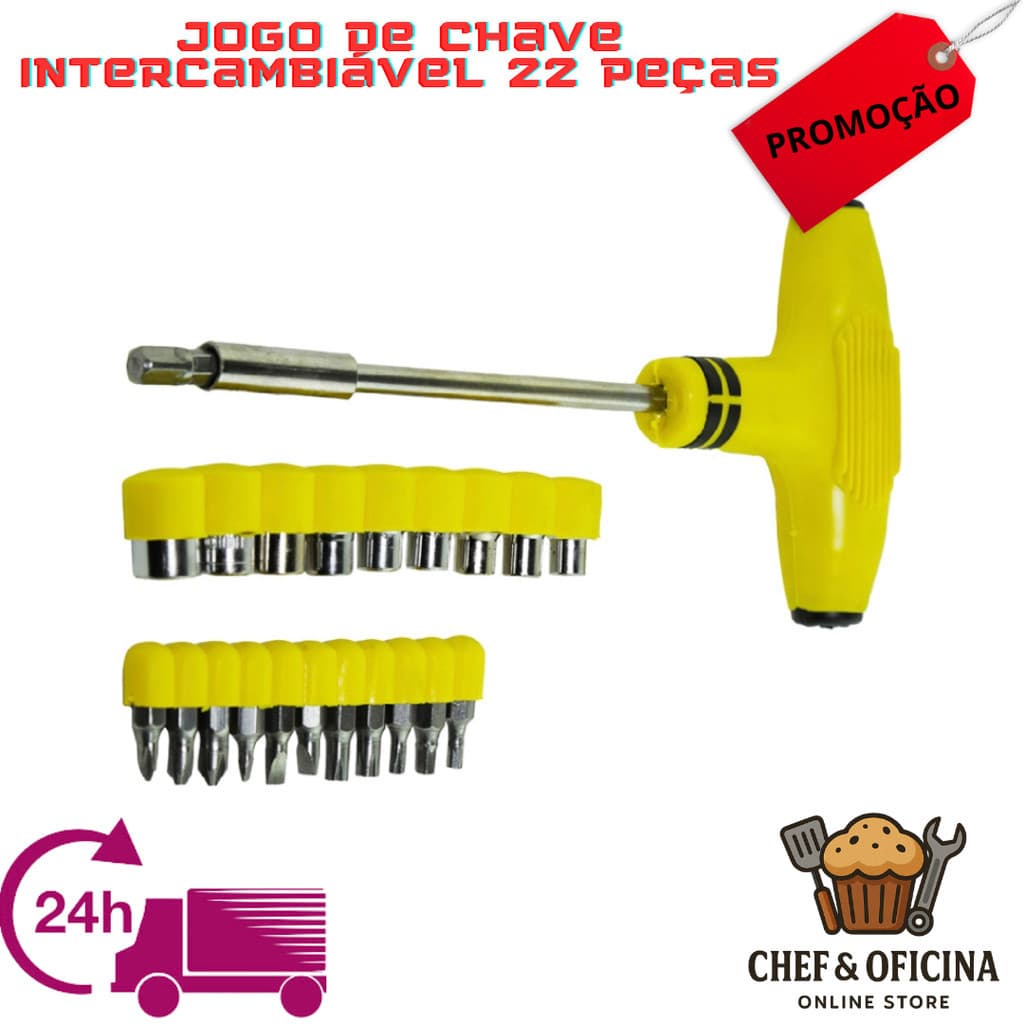 Jogo de Chave Intercambiável 22 Peças Kit Ferramentas Completo com Pontas e Soquetes Resistente