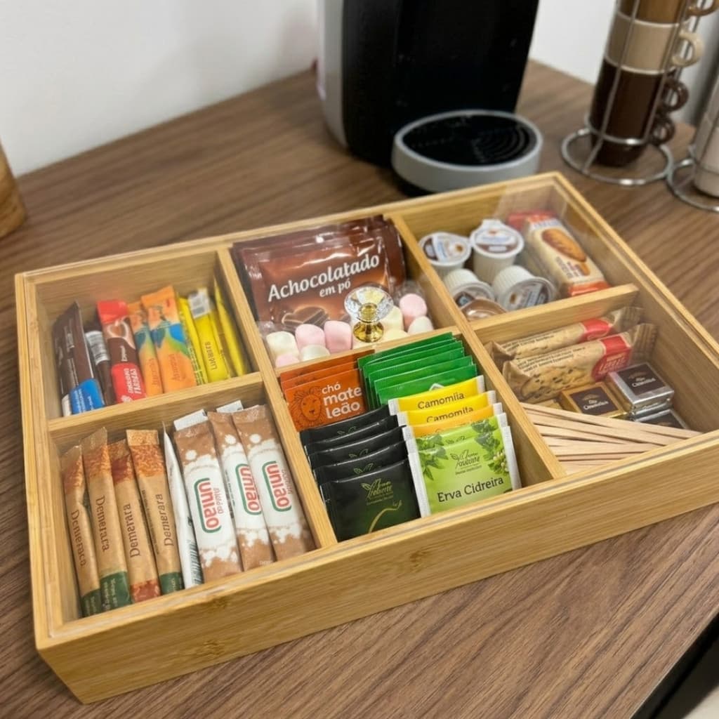 Caixa Organizadora Porta Chá Cápsulas de Bambu Com Tampa Cristal Multiuso Divisórias Café Chás Mesa