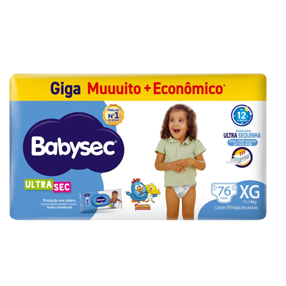 1 Pacote de Fralda Infantil BabySec Galinha Pintadinha Ultrasec XG Giga – 76 Unidades- Conforto e Alta Absorção