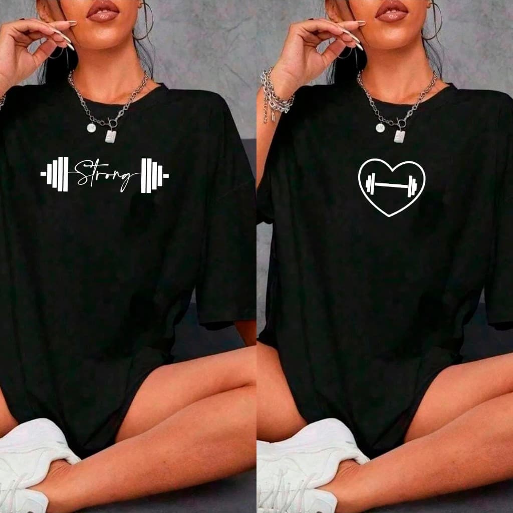 Kit 2 Camisetas Tshirt Oversized Academia Fitness Strong Treino Musculação Feminina
