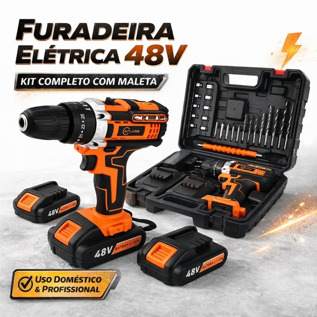 Furadeira Parafusadeira Sem Fio 48V Impacto com 2 Baterias Recarregáveis