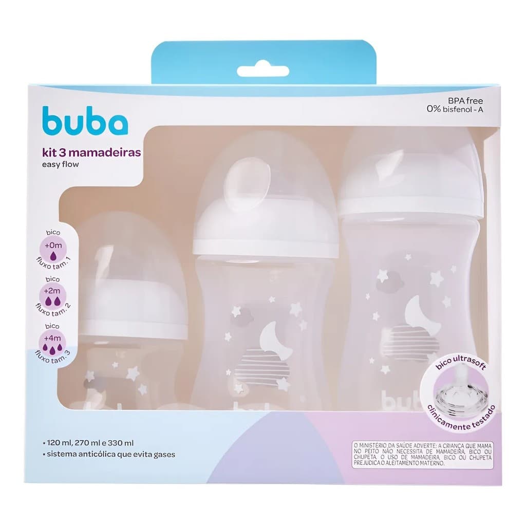 Buba Kit 3 Mamadeiras Anticólicas Easy Flow Nuvem Branca 120ml, 270ml e 330ml