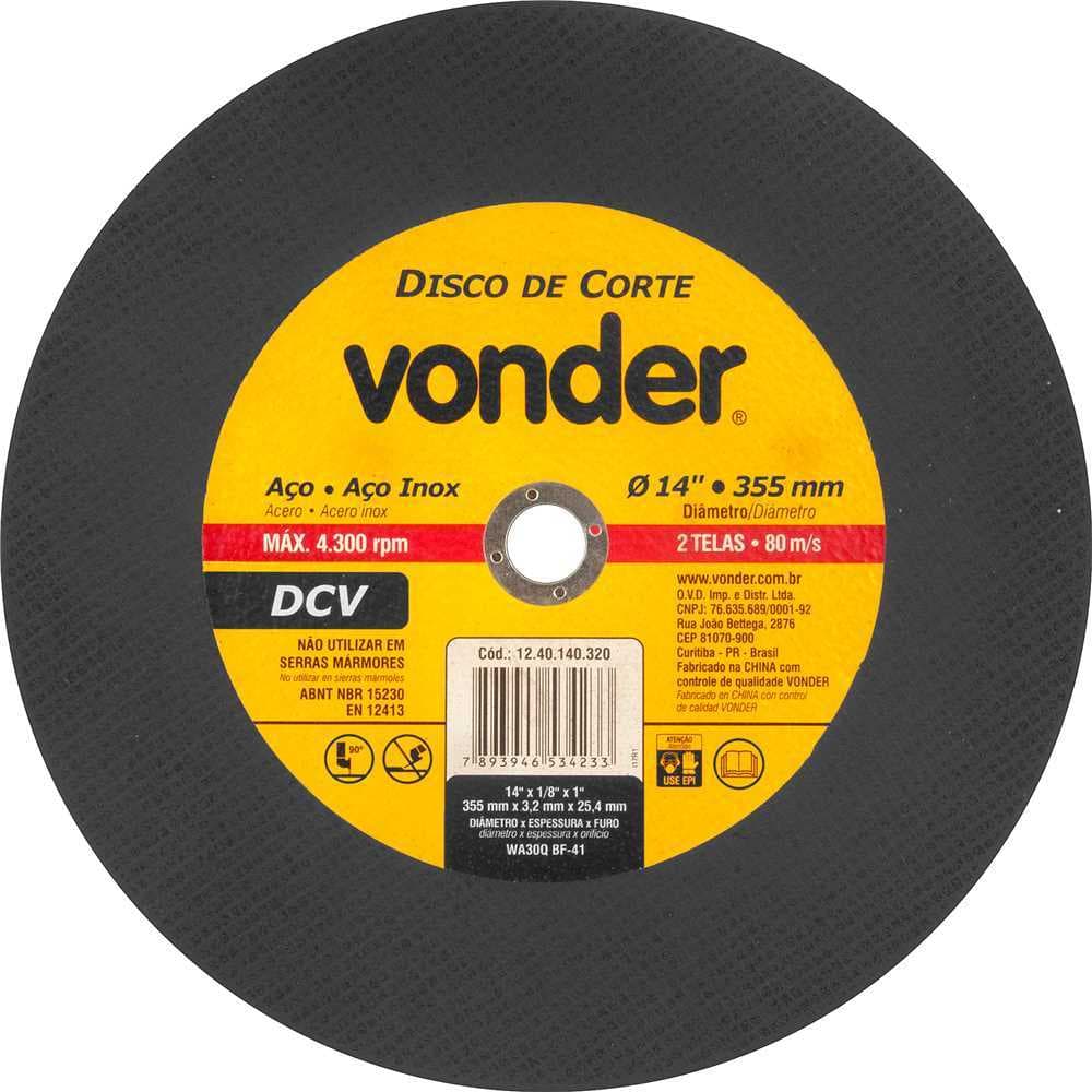 Disco De Corte 355mm (14 Pol.) Grão 30 Modelo: Dcv - Vonder