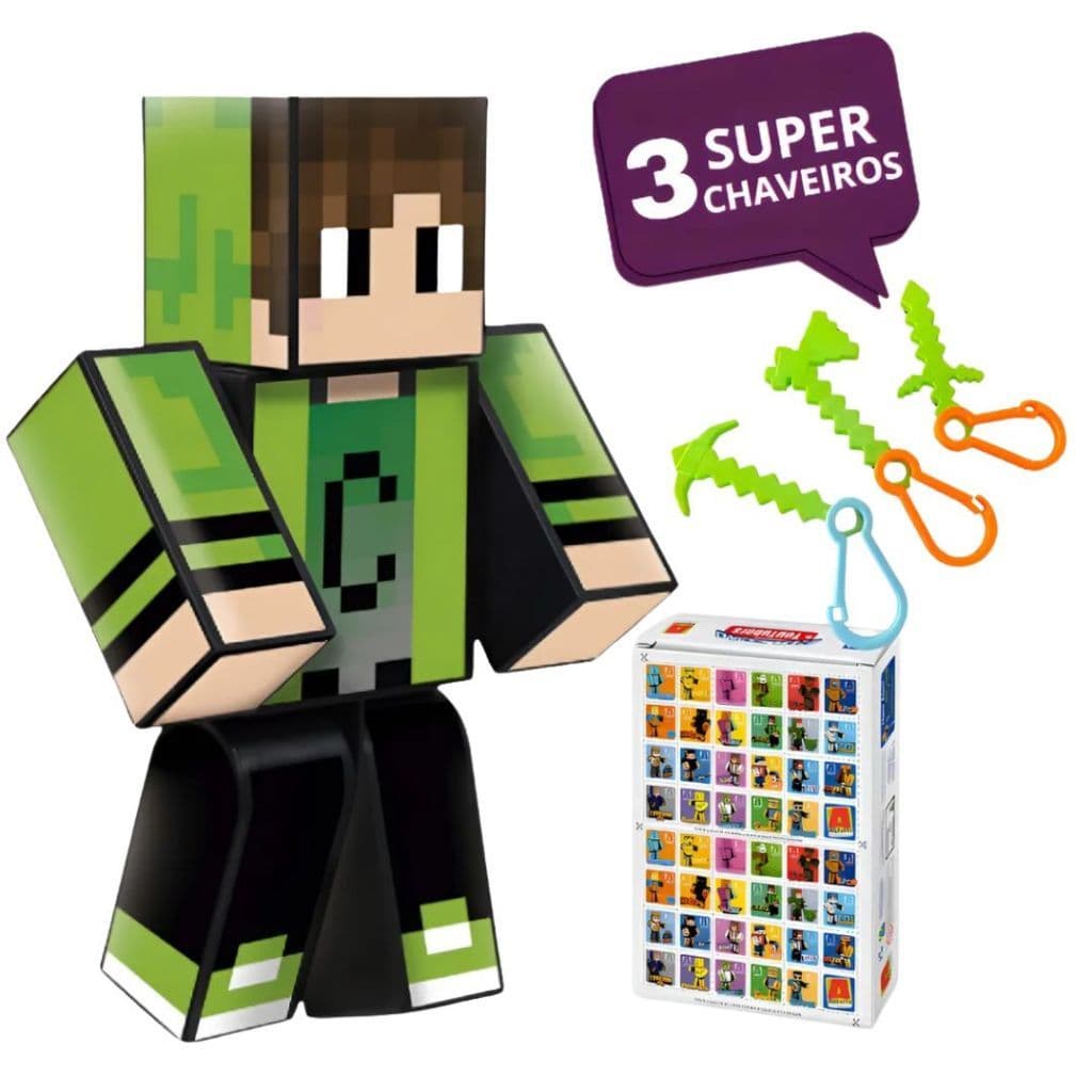 Boneco Articulado com 3 Chaveiros Minecraft Cadres