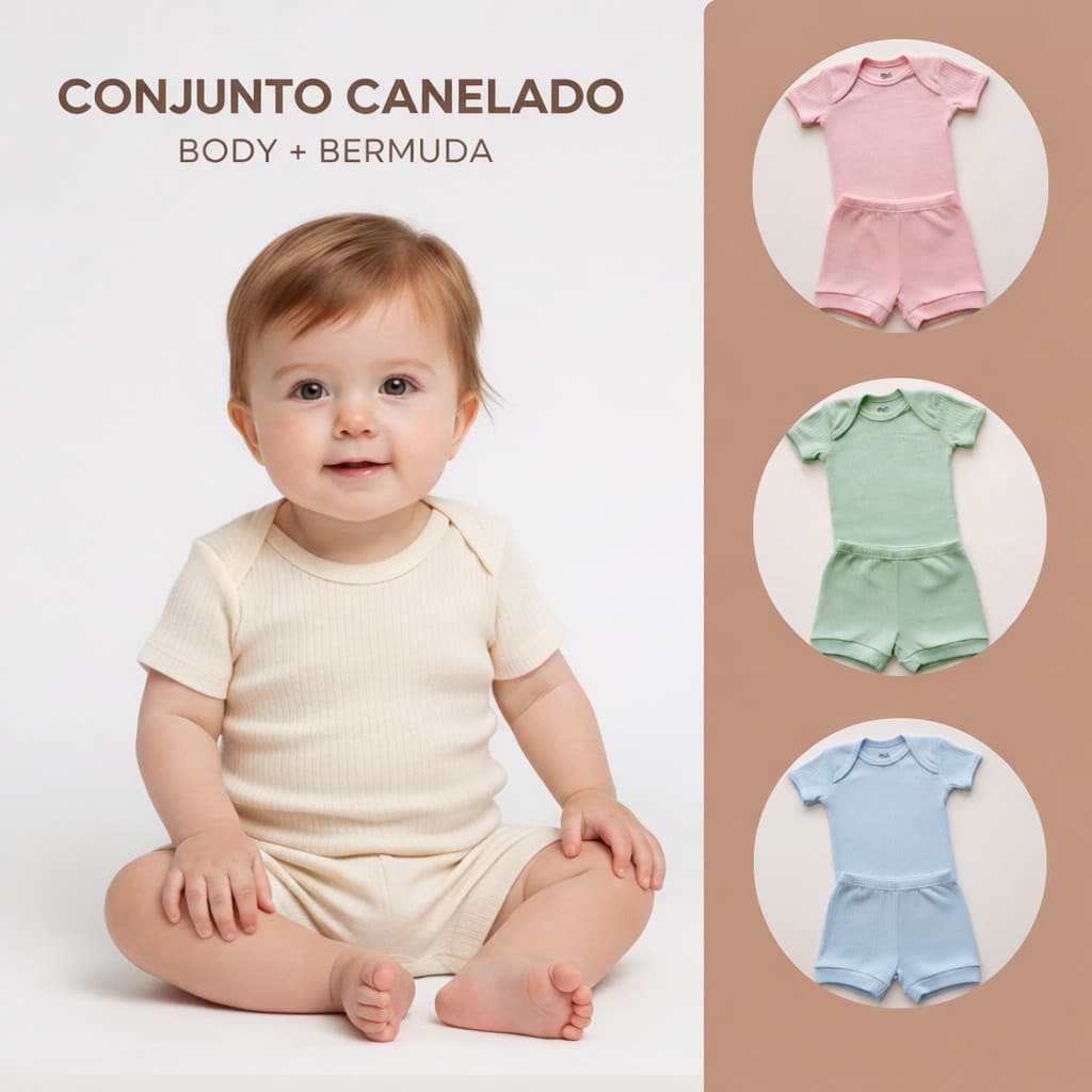 Kit 6 Peças Body Manga Curta Bebê + Shorts Tecido Canelado 100% Algodão Conjunto Verão Roupa Infantil Bebe Menina Menino