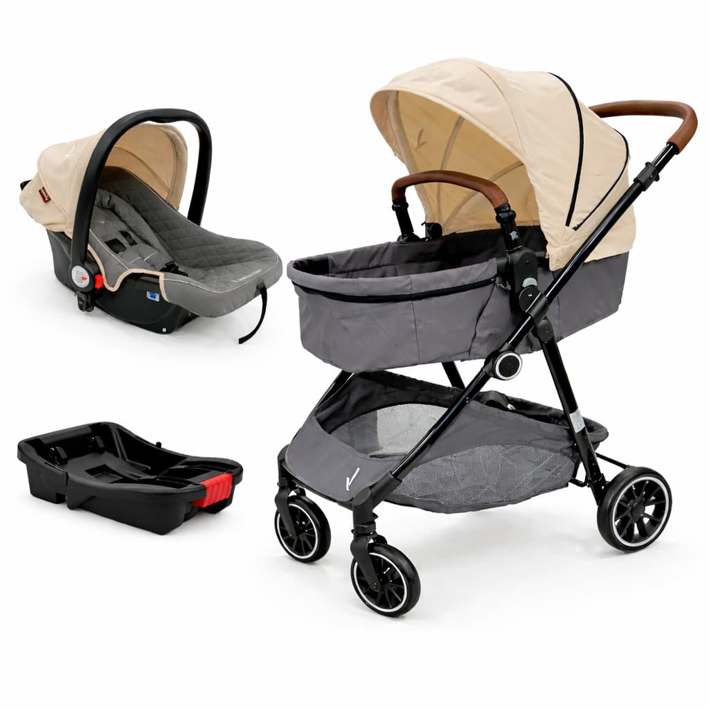 Carrinho de Bebê Aria Travel System Bege C/ Bebê Conforto E Base Premium Baby