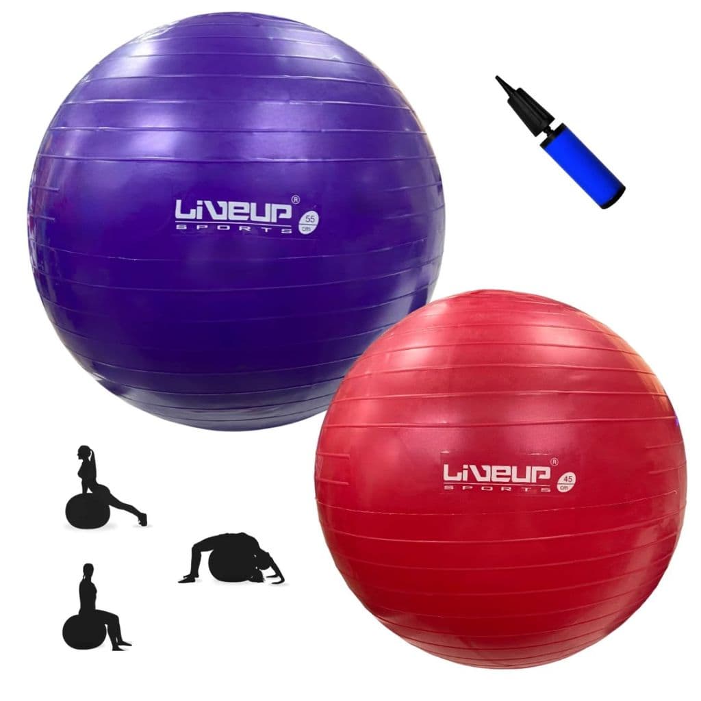 Kit Bola Suíça 55cm Roxa + 45cm Vermelha + Mini Bomba Ideal para Pilates Yoga Treinos e Alongamentos