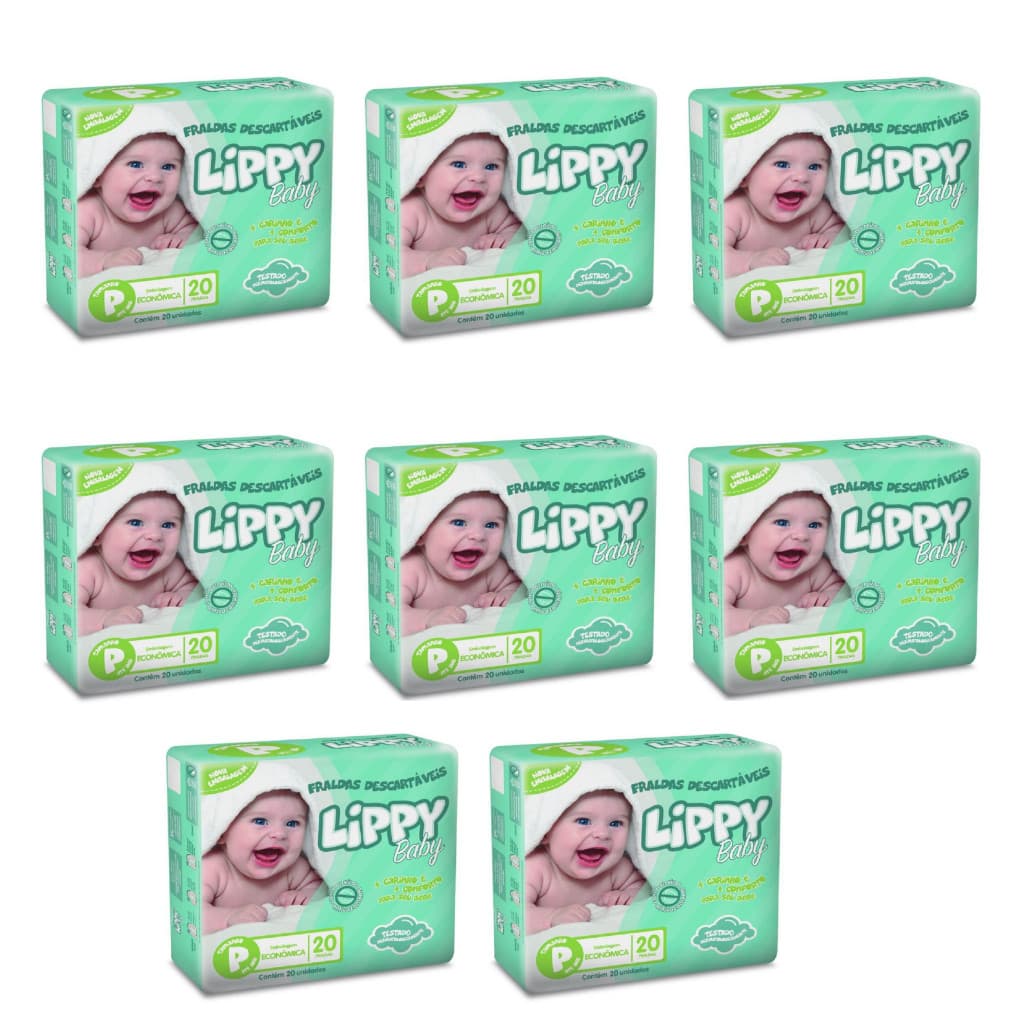 KIT 8 FRALDAS INFANTIS PACOTE COM 20 TIRAS LIPPY BABY  P - TOTAL 160 FRALDAS