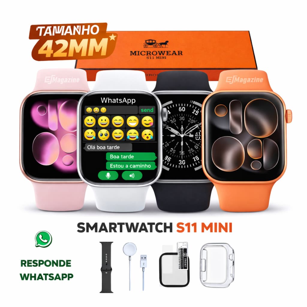 Relógio Smartwatch Microwear S11 Mini 42mm Responde WhatsApp Chat GPT Pequeno 2 Pulseiras