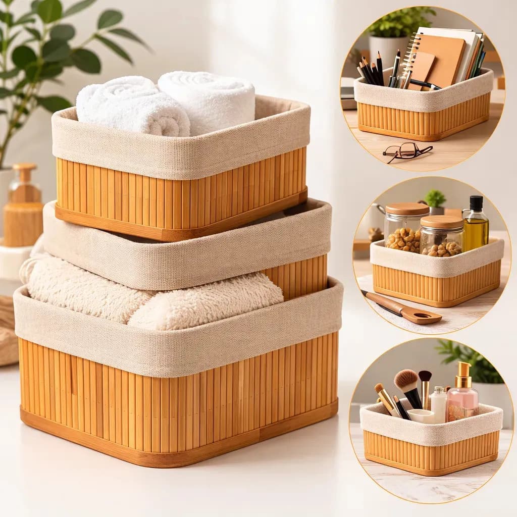 Kit 3 Cestos Organizadores De Bambu Multiuso Com Forro Cestos Bambu Banheiro Armazenar