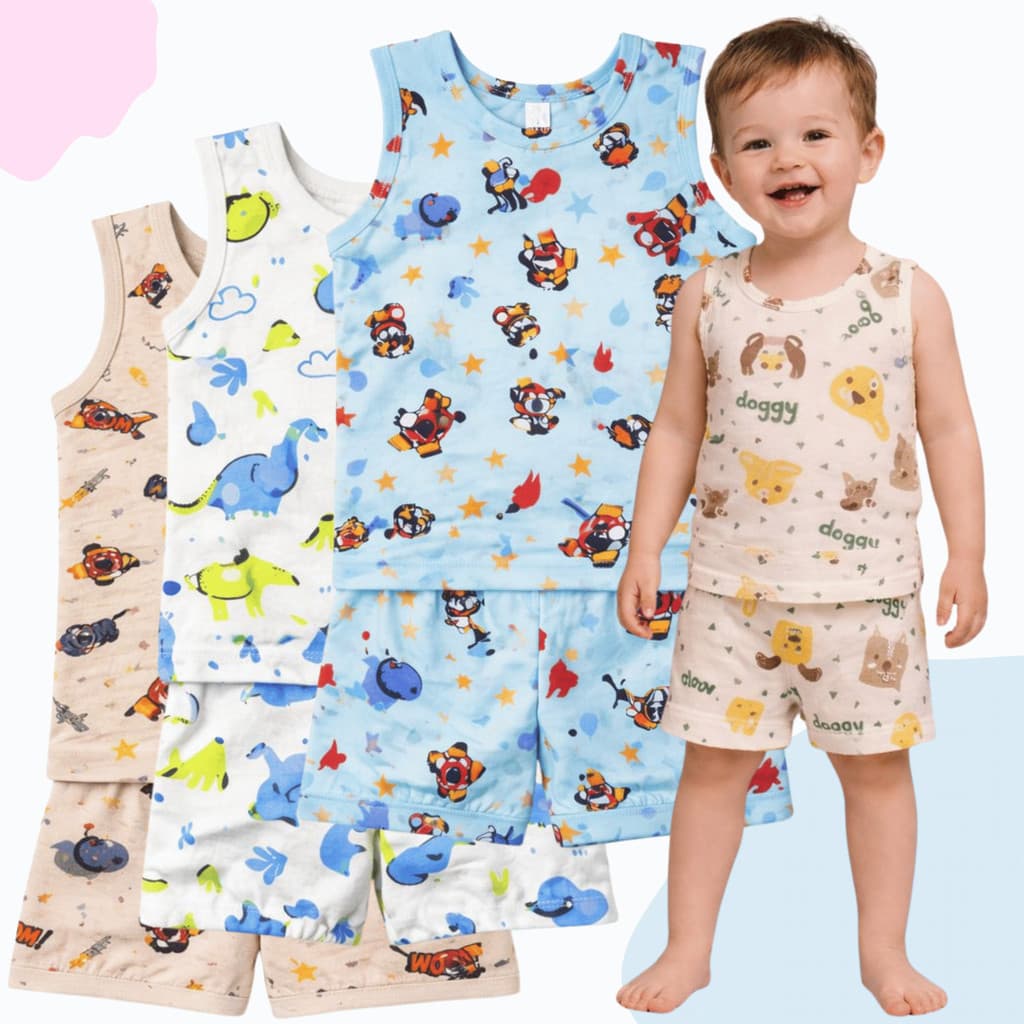 Kit 3 Pijamas Infantis Regatas e Shorts Estampados Menino Menina Bebe 100% Algodão Verão 1 a 3 Anos