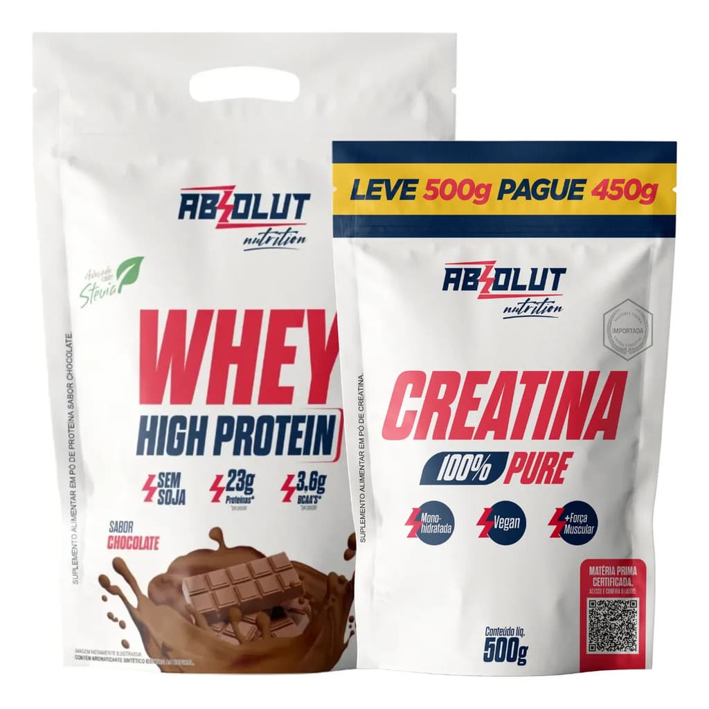 Kit Absolut Nutrition Whey 900g High Protein + Creatina 500g Chocolate