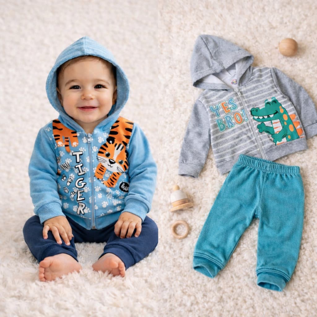 Kit 2 Conjuntos Moletom Bebê Menino Inverno Roupa Infantil com Zíper Quentinho