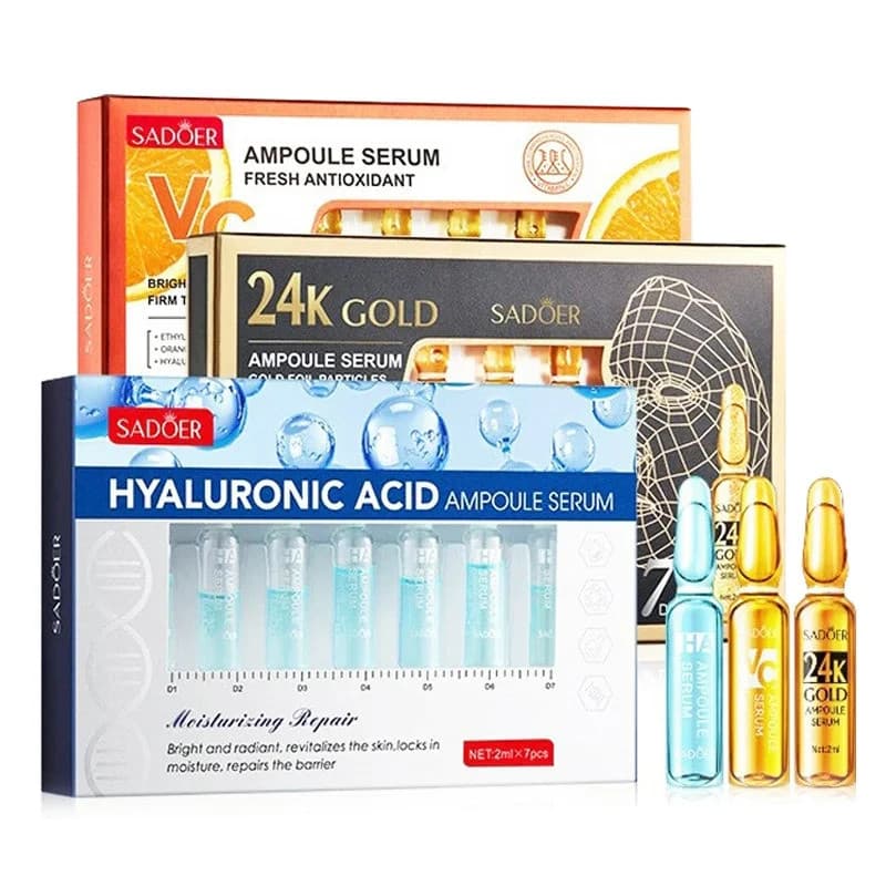 Kit com 7 Ampolas de Vitamina C, Sérum de Ácido Hialurônico e Ouro 24K, Essência Facial Nutritiva, Hidratante e Hidratan