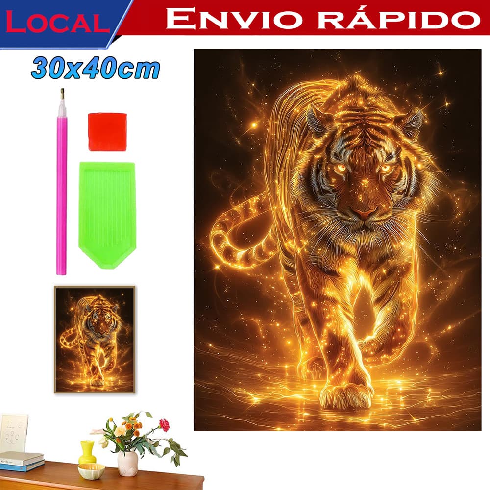 Pintura com Diamantes 5D 30x40cm Quadrada, Conjunto Completo DIY para Decoração Caseira,Tigre dourado