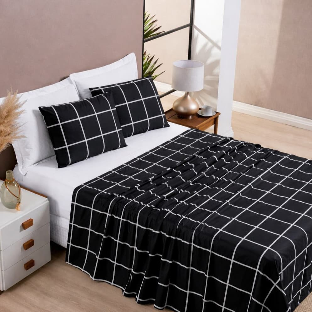 Jogo de Cama Lençol Grid Preto 04 Peças Camas Casal Padrão e Queen Micropercal 200 Fios