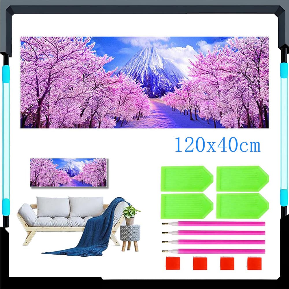 Conjunto de pintura com diamantes 5D, 120 x 40 cm O Monte Fuji coberto de cerejeiras em flor