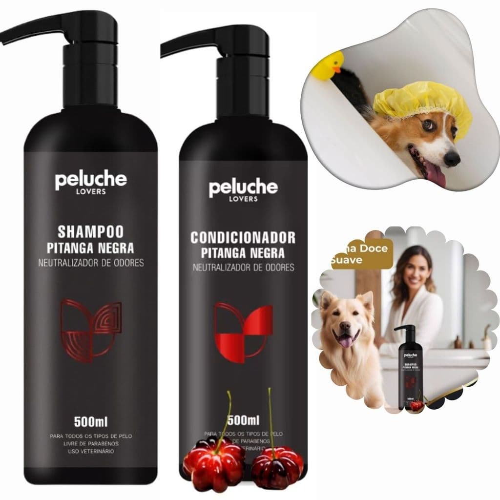 Shampoo e Condicionador para Cães e Gatos Peluche Pitanga Negra, 500ml, Neutralizador de Odores Para Pets