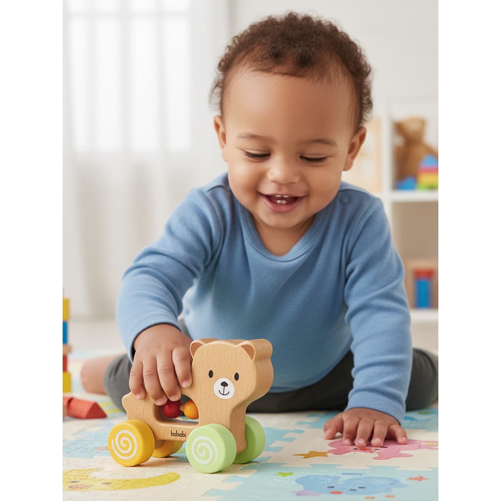 Carrinho Madeira Ursinho Roda Brinca Bebê  Babebi - Brinquedo Educativo de Madeira BABEBI - brinquedo montessori