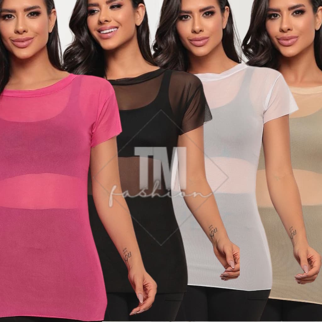 Kit 4 Blusa Feminina Transparente de Tule Manga Curta Camiseta Academia Treino Musculação