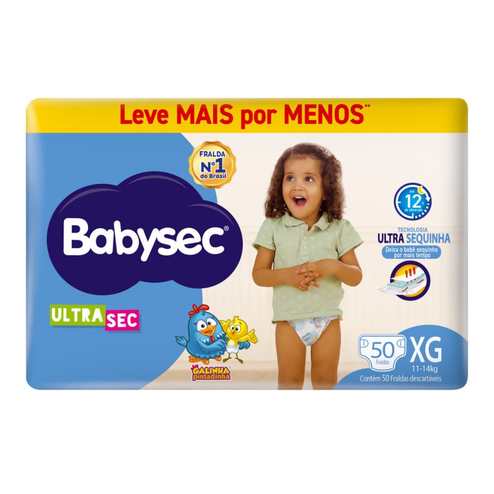 Pack 1x Fralda BabySec Hiper XG c/ 50 uni- Ultrasec Galinha Pintadinha -  Barreiras antivazamento