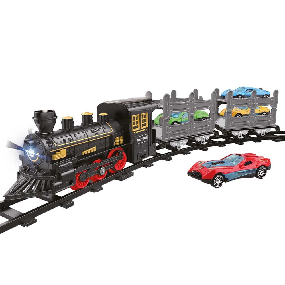 Pista Trem Locomotiva Transporte + 4 Mini Carrinhos Dm Toys