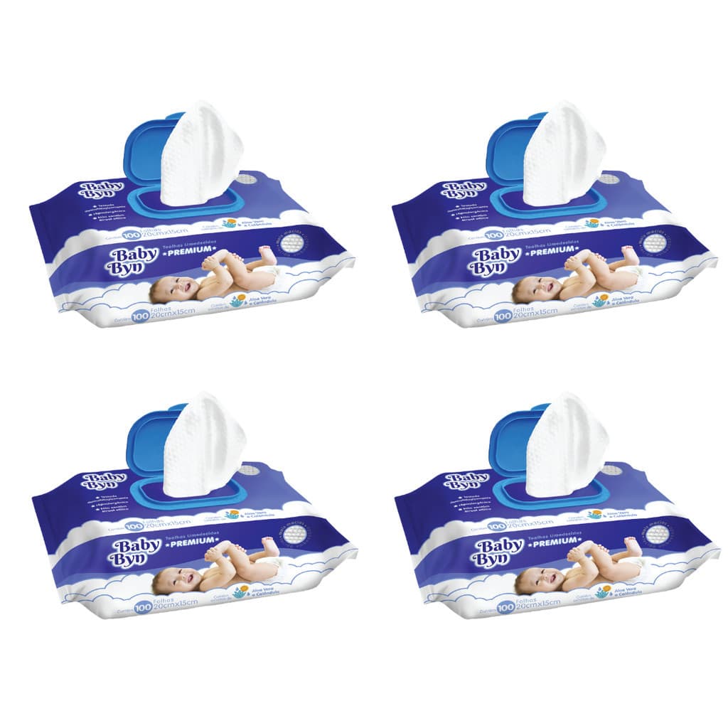 Kit Lenço Toalha umedecida Baby Byn Premium 4 com 100 unidades