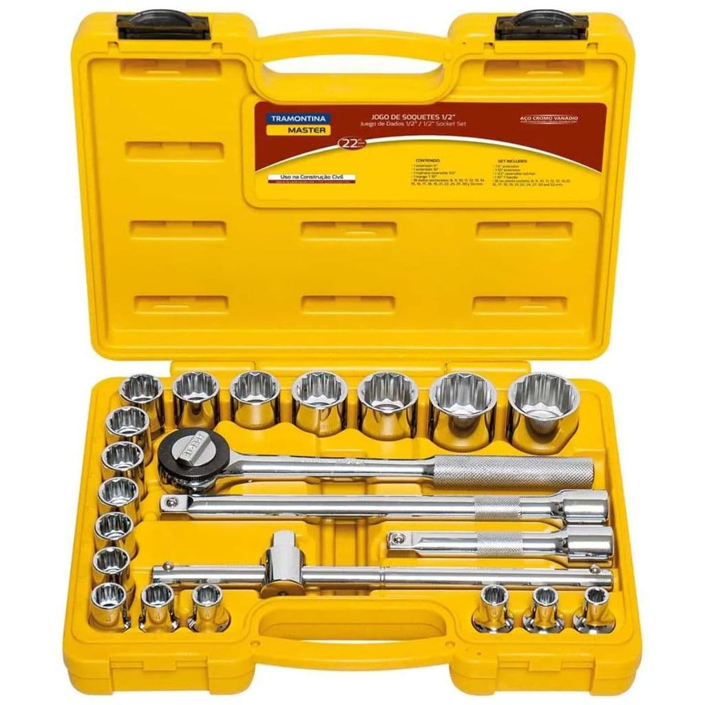 43600/022 JOGO DE CHAVE DE CATRACA 1/2" SOQUETES ESTRIADOS COM 22PCS TRAMONTINA