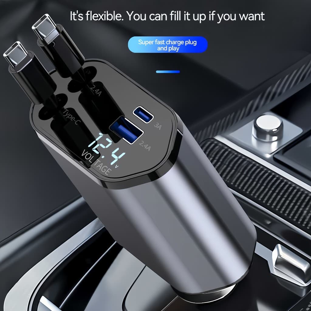 Carregador Veicular  4 em 1 Retrátil USB Tipo C iPhone Android Carga Rápida Carro com Cabo Integrado