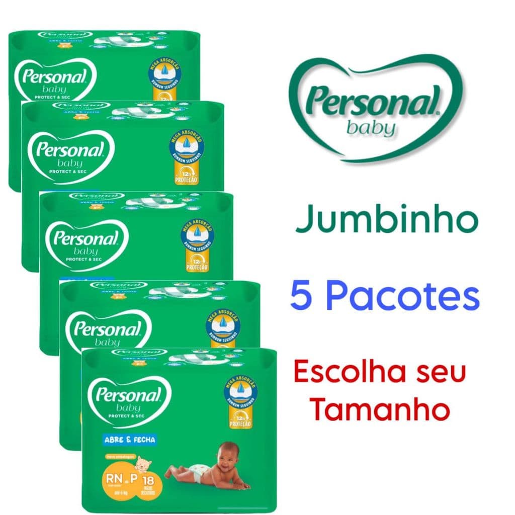 Kit 5 Pacotes Fralda Descartável Personal Baby Jumbinho RN a P,M,G,XG,XXG