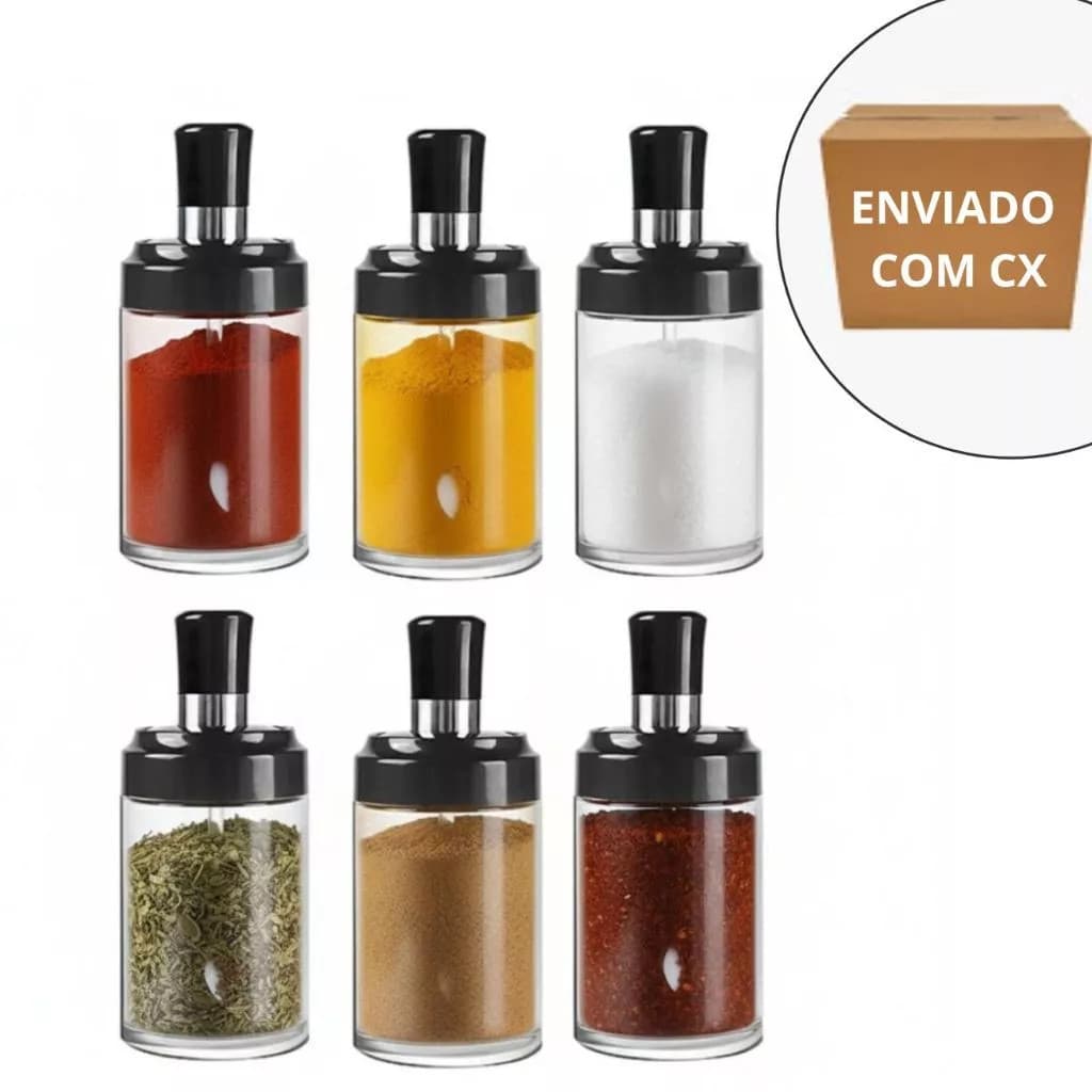 KIT 6 PORTA CONDIMENTOS TEMPEROS EM VIDRO C/ COLHER E TAMPA 