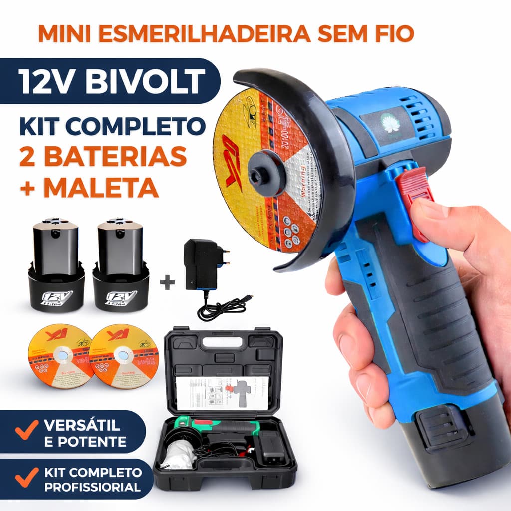 Mini Esmerilhadeira 12V Sem Fio Bivolt 2 Baterias + Maleta