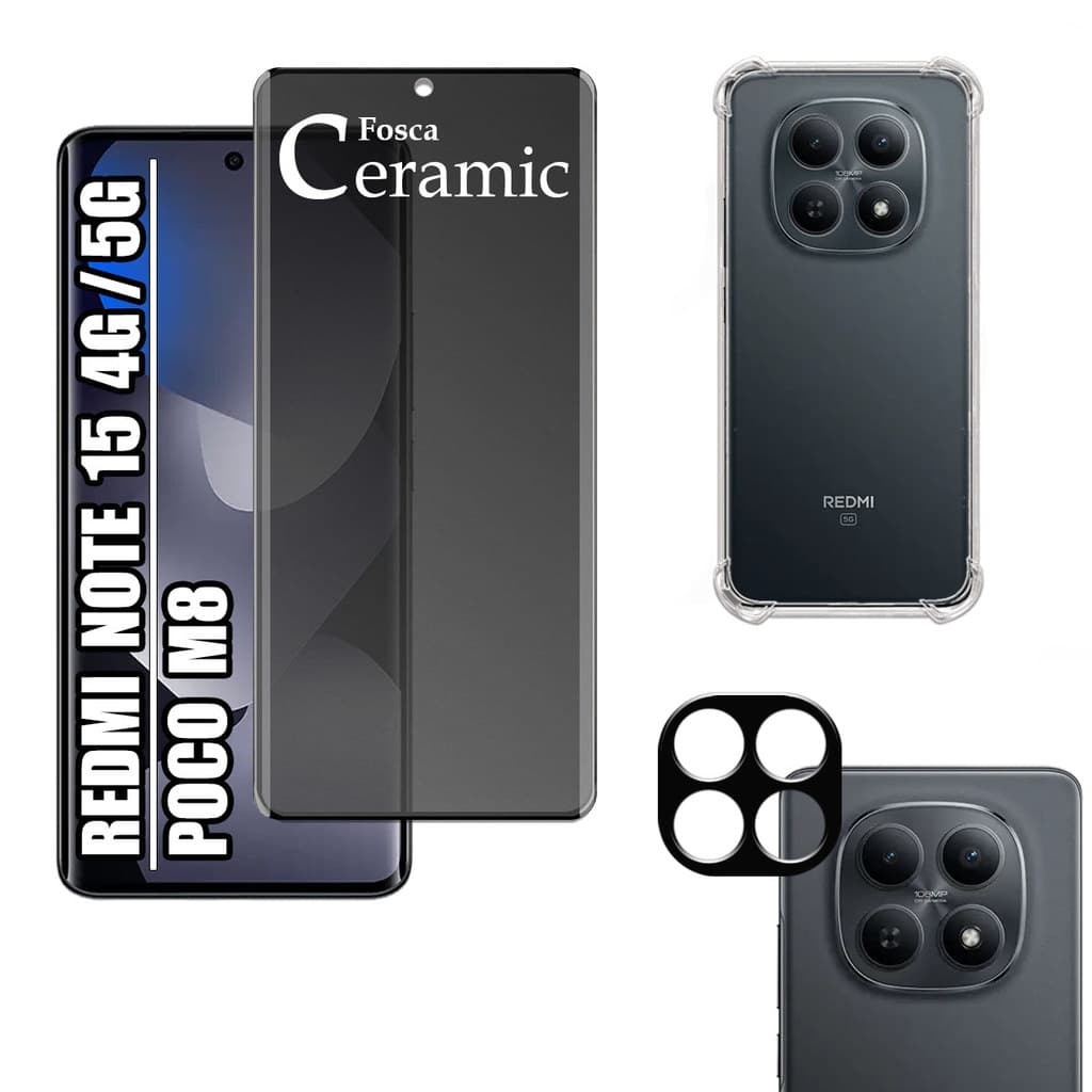 KIT Para Redmi Note 15 4G/5G | Poco M8 - Película de Privacidade Fosca 9D + Capa + Câmera