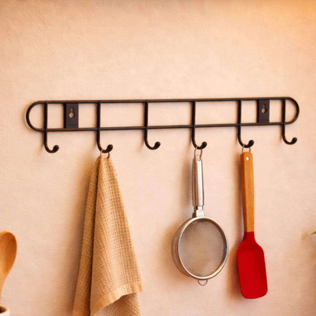 Cabideiro de Parede 6 Ganchos Multiuso Suporte Organizador Utensílios Cozinha Lavanderia