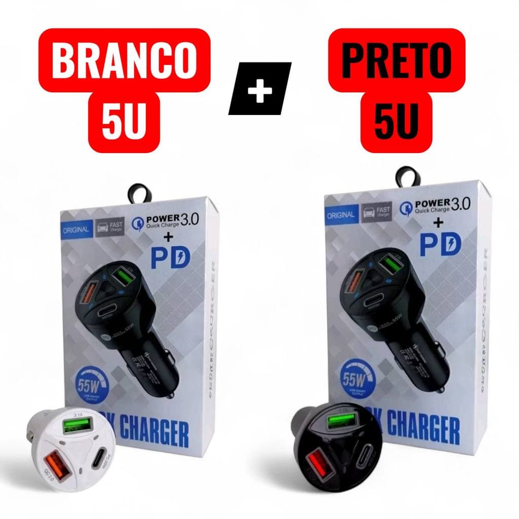 kit 10/6 Carregador  Turbo 55w PD Tipo C Veicular Compativel  QCC-006