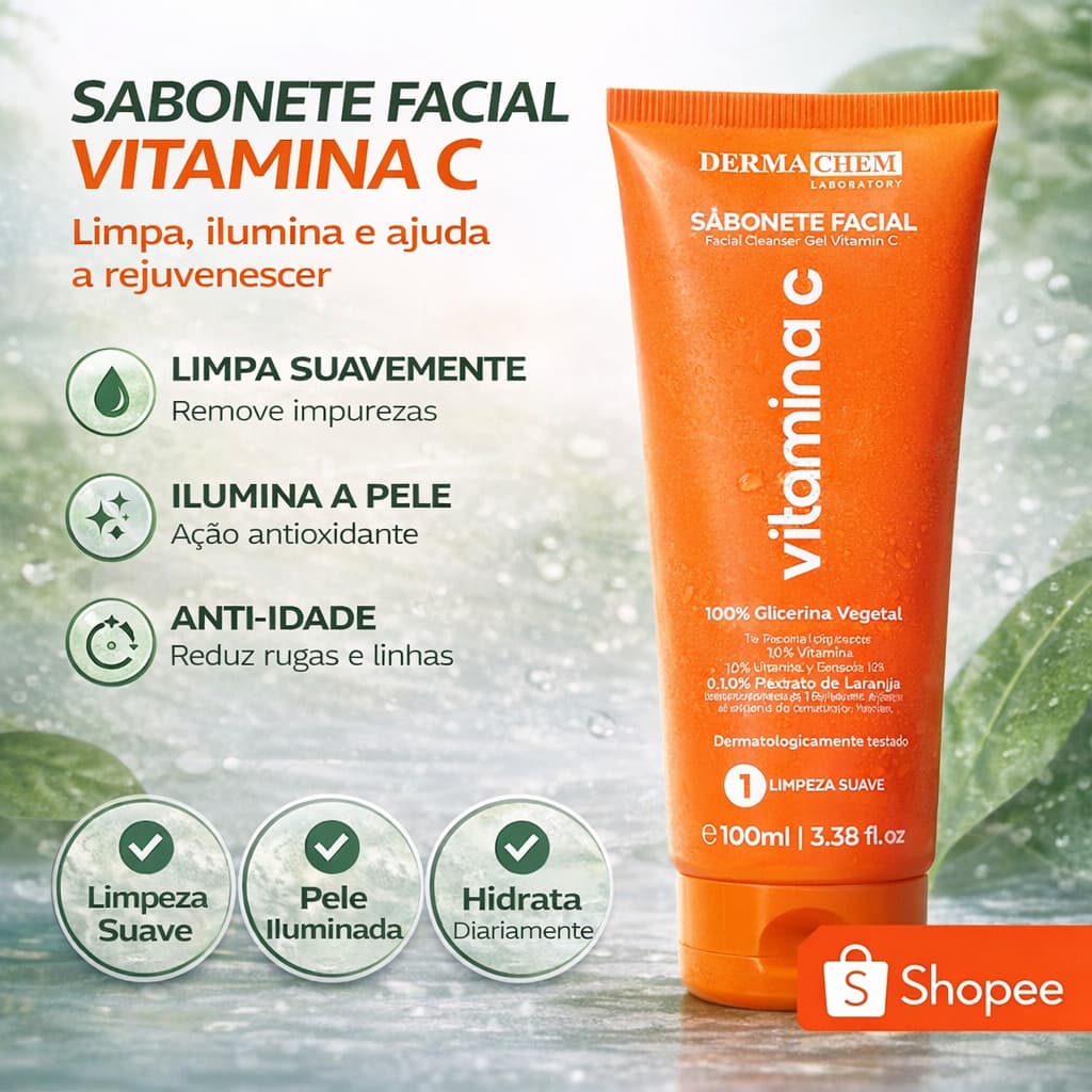 Sabonete Facial Vitamina C Dermachem Clareador Anti-Idade Ácido Hialurônico Limpeza Profunda 100ml