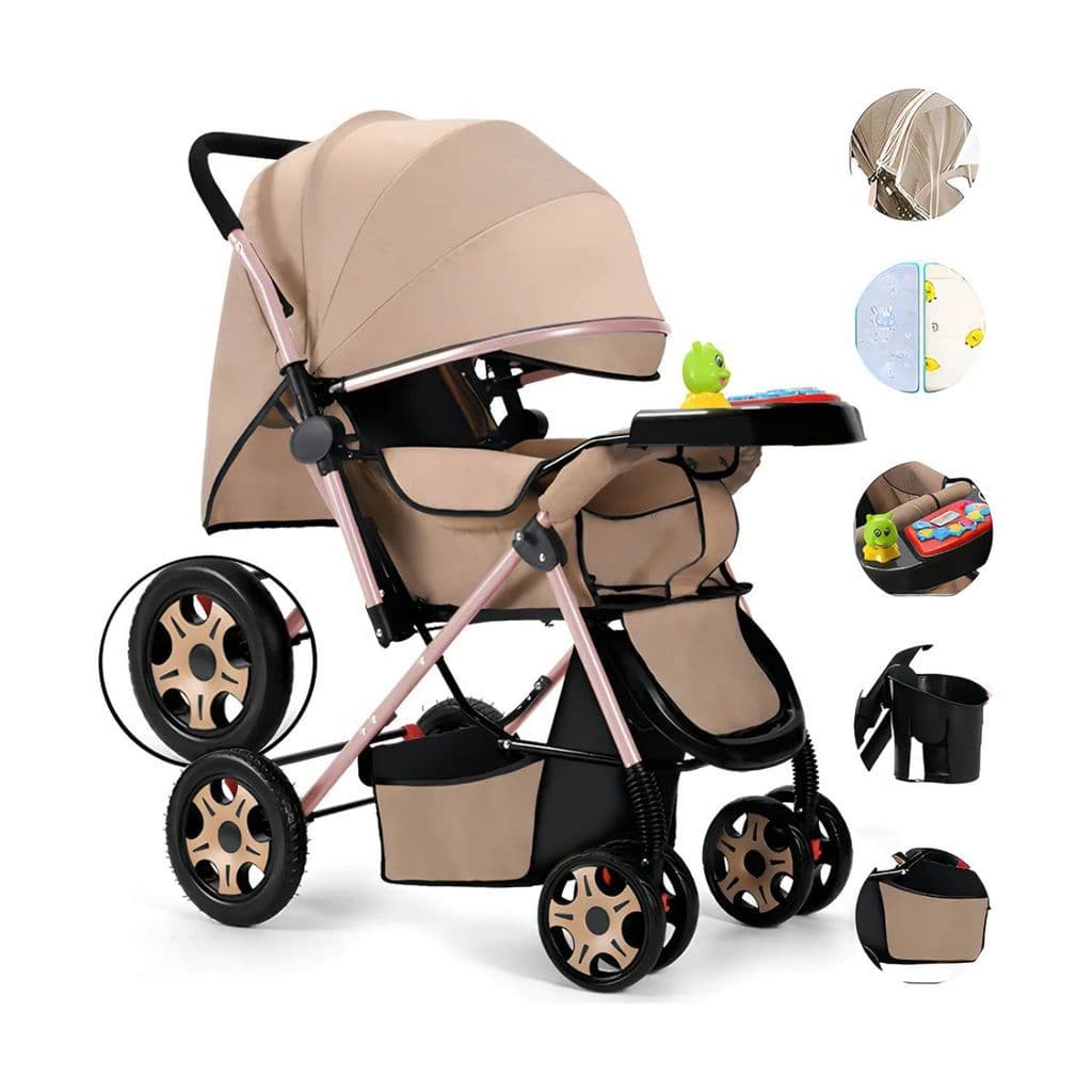 Carrinho de bebê bidirecional dobrável compacto 0-25kg cáqui