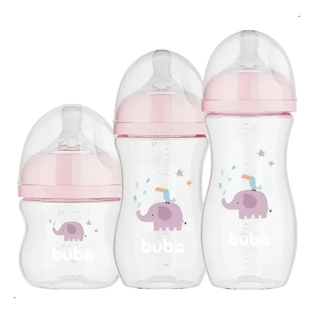 Buba Kit 3 Mamadeiras Anticólicas Easy Flow Elefante Rosa 120ml, 270ml e 330ml