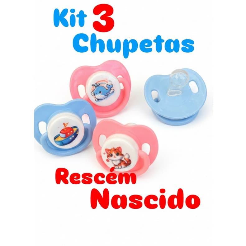 kit 3 Chupetas Recen Nascido RN Bico Silicone Orto ou Redondo