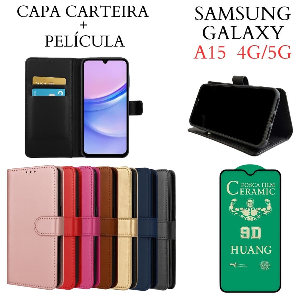 Capa Capinha Carteira + Película de Cerâmica Para Samsung Galaxy A15 4G/5G