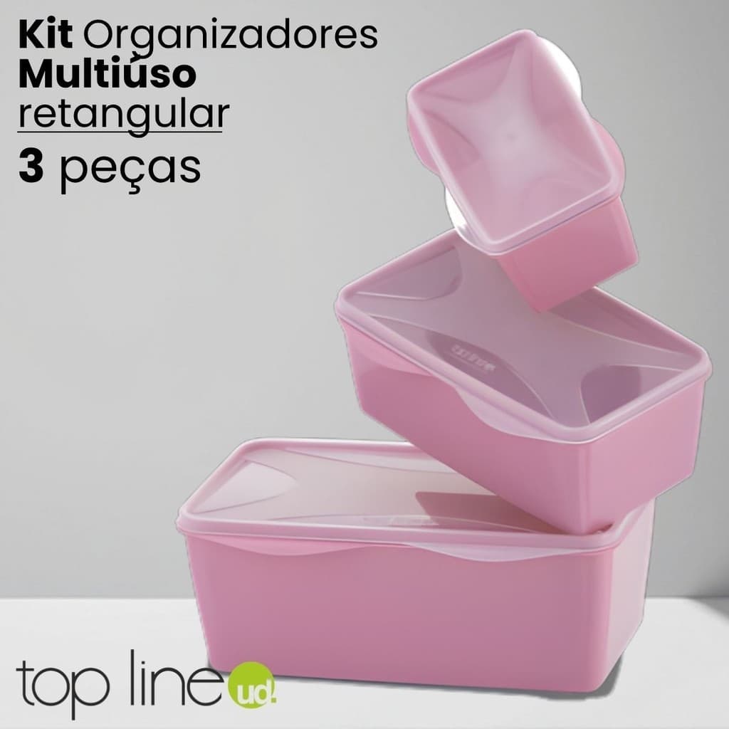Kit 3 Organizadores Retangular BPA Free Três tamanhos Pote Plástico Multiuso para Cozinha Top Line