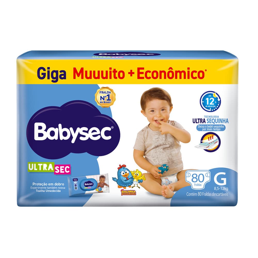 Pacote de Fralda Infantil  BabySec Galinha Pintadinha Ultrasec G Giga – 80 Unidades- Conforto e Alta Absorção